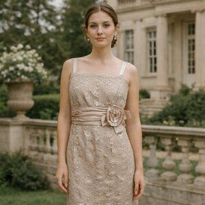 Champagne Gold R&M Richards PLUS 14W Stretch Lace Satin Holiday Party Dress